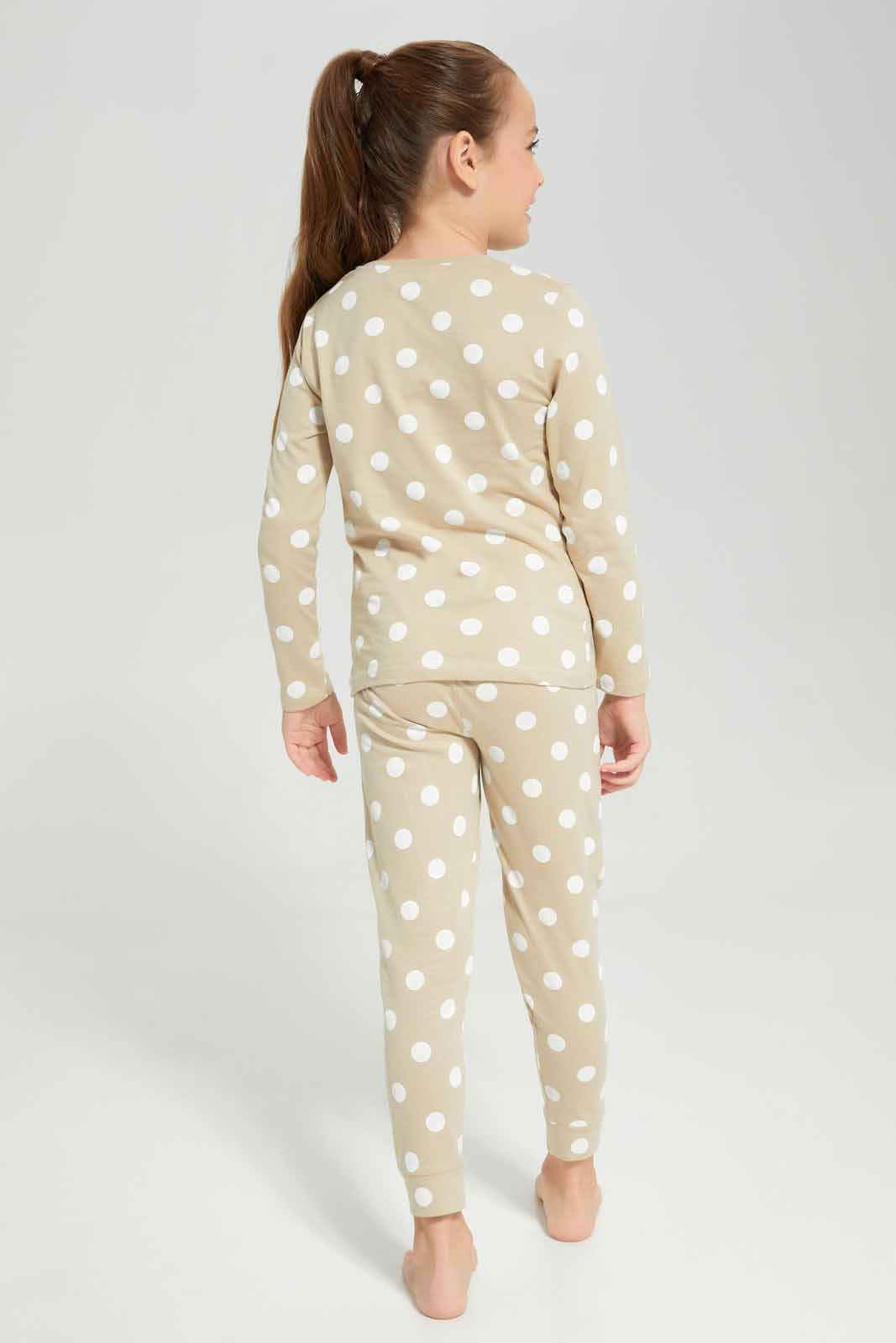 Redtag-Girls-Ls-Pj-Set-â€“-Beige-Spot-Category:Pyjama-Sets,-Colour:Beige,-Deals:New-In,-Filter:Girls-(2-to-8-Yrs),-GIR-Pyjama-Sets,-New-In-GIR-APL,-Non-Sale,-Section:Girls-(0-to-14Yrs),-W22B-Girls-2 to 8 Years