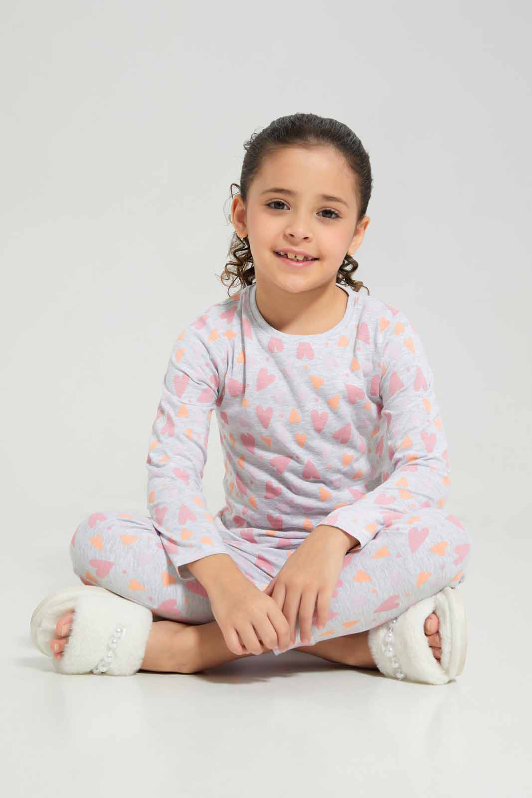 Redtag-Girls-Ls-Pj-Set-â€“-Grey-Melange-Heart-Category:Pyjama-Sets,-Colour:Grey,-Deals:New-In,-Filter:Girls-(2-to-8-Yrs),-GIR-Pyjama-Sets,-New-In-GIR-APL,-Non-Sale,-Section:Girls-(0-to-14Yrs),-W22B-Girls-2 to 8 Years