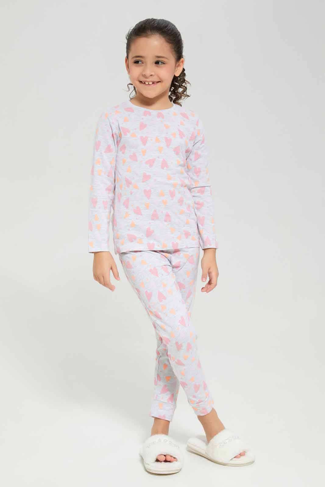 Redtag-Girls-Ls-Pj-Set-â€“-Grey-Melange-Heart-Category:Pyjama-Sets,-Colour:Grey,-Deals:New-In,-Filter:Girls-(2-to-8-Yrs),-GIR-Pyjama-Sets,-New-In-GIR-APL,-Non-Sale,-Section:Girls-(0-to-14Yrs),-W22B-Girls-2 to 8 Years