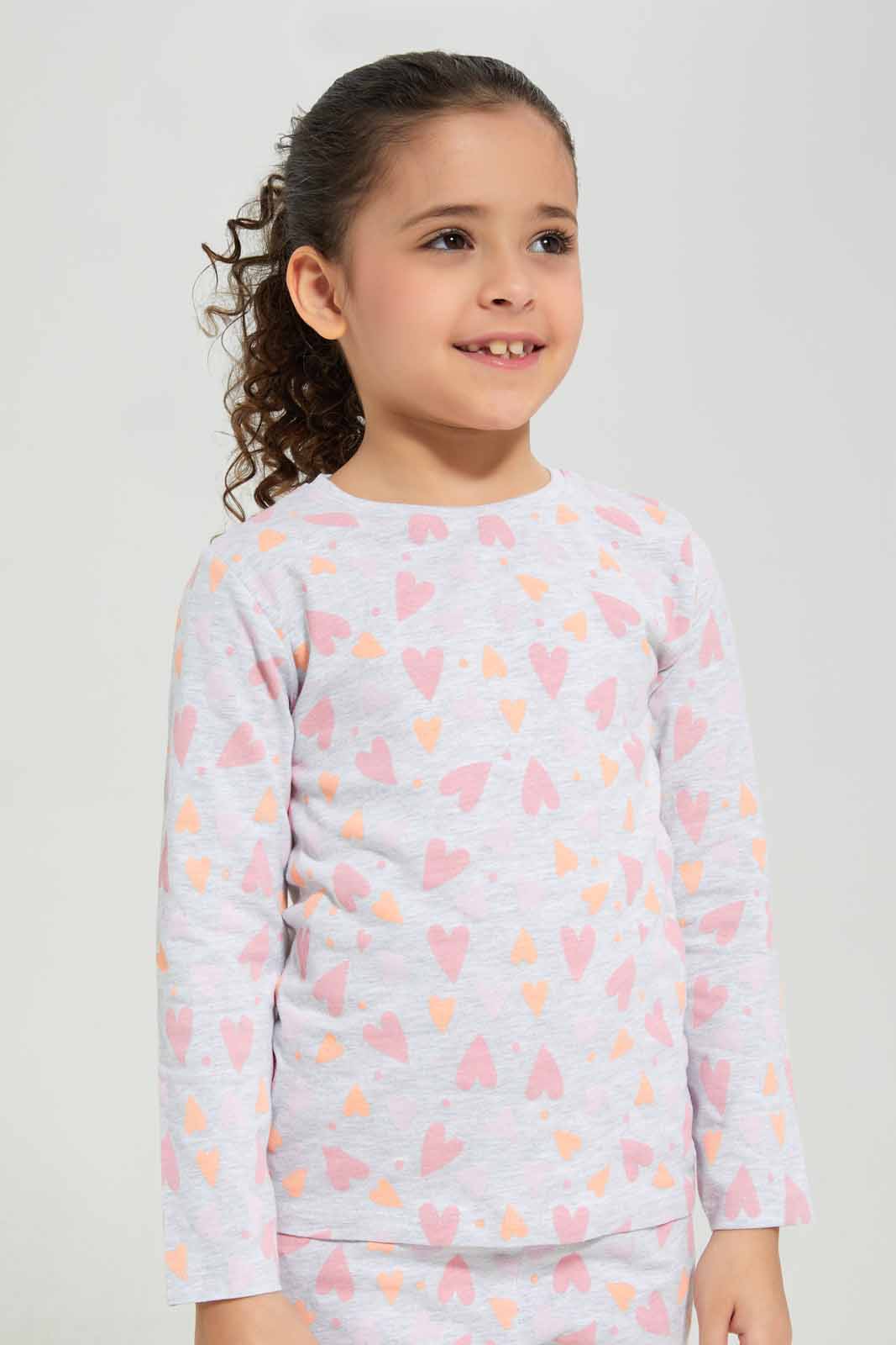 Redtag-Girls-Ls-Pj-Set-â€“-Grey-Melange-Heart-Category:Pyjama-Sets,-Colour:Grey,-Deals:New-In,-Filter:Girls-(2-to-8-Yrs),-GIR-Pyjama-Sets,-New-In-GIR-APL,-Non-Sale,-Section:Girls-(0-to-14Yrs),-W22B-Girls-2 to 8 Years