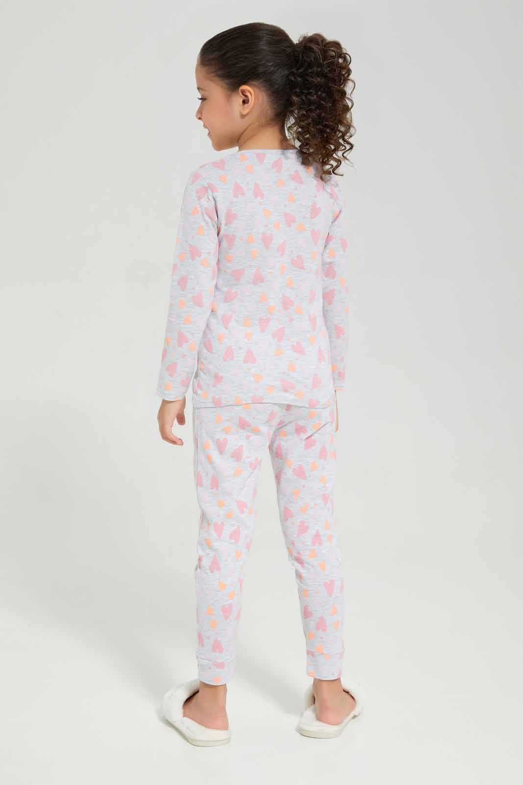 Redtag-Girls-Ls-Pj-Set-â€“-Grey-Melange-Heart-Category:Pyjama-Sets,-Colour:Grey,-Deals:New-In,-Filter:Girls-(2-to-8-Yrs),-GIR-Pyjama-Sets,-New-In-GIR-APL,-Non-Sale,-Section:Girls-(0-to-14Yrs),-W22B-Girls-2 to 8 Years