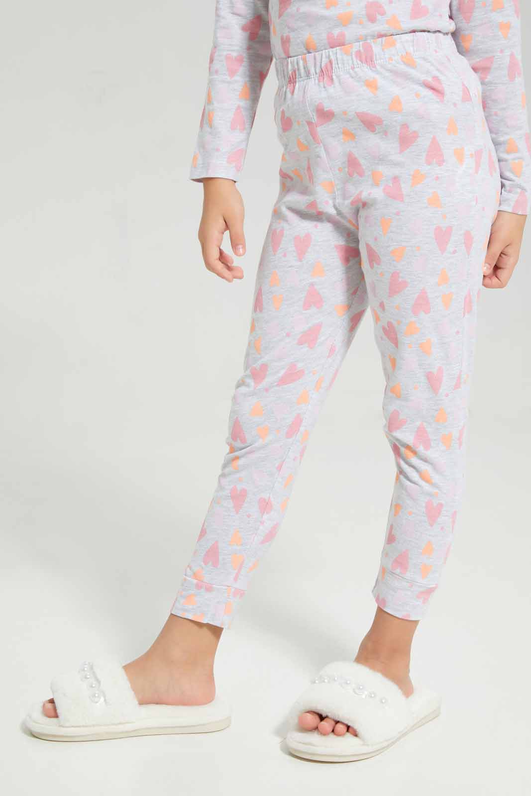 Redtag-Girls-Ls-Pj-Set-â€“-Grey-Melange-Heart-Category:Pyjama-Sets,-Colour:Grey,-Deals:New-In,-Filter:Girls-(2-to-8-Yrs),-GIR-Pyjama-Sets,-New-In-GIR-APL,-Non-Sale,-Section:Girls-(0-to-14Yrs),-W22B-Girls-2 to 8 Years