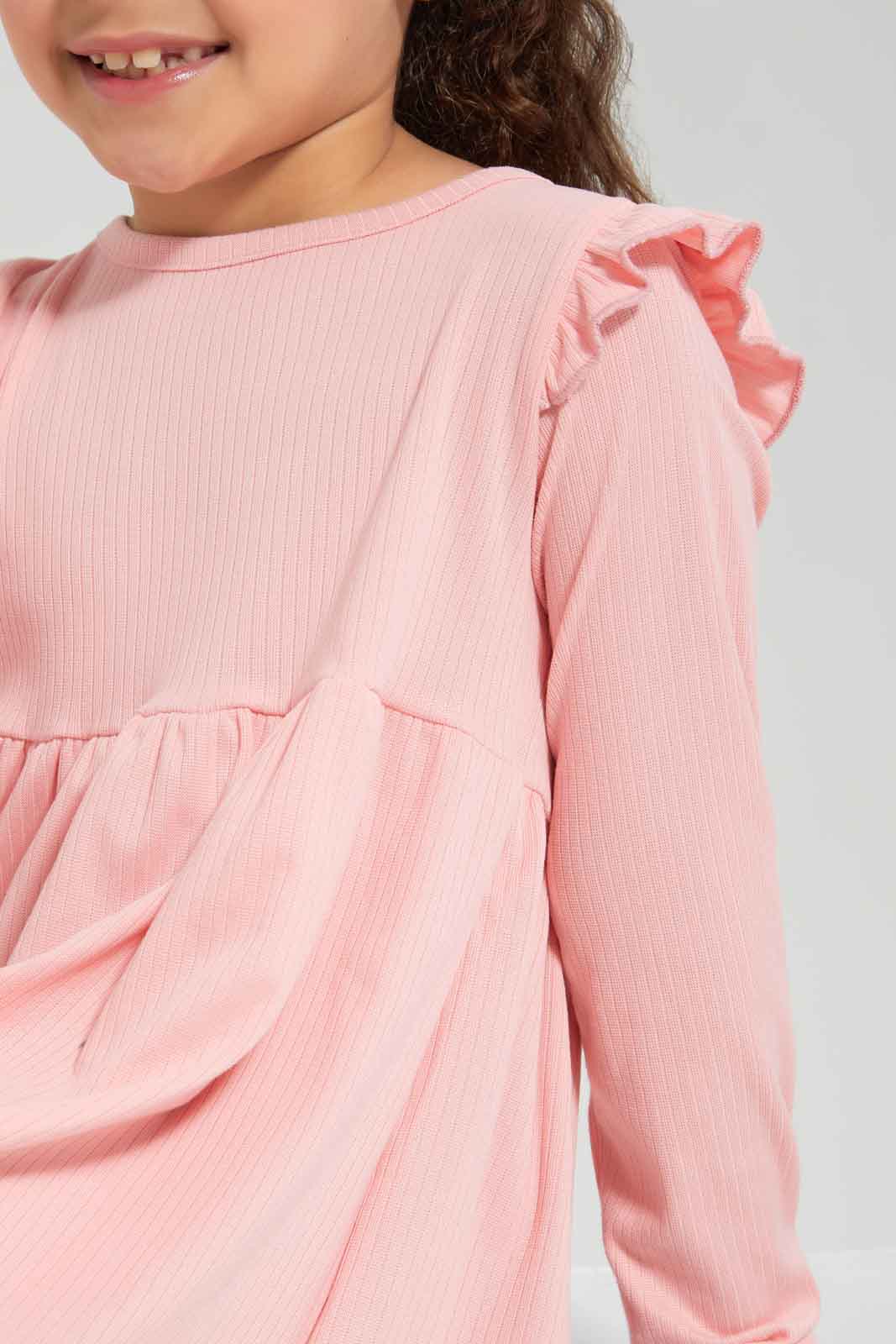 Redtag-Girls-Pink-Rib-L/S-Dress-Category:Dresses,-Colour:Apricot,-Deals:New-In,-Dept:Girls,-Filter:Girls-(2-to-8-Yrs),-GIR-Dresses,-New-In-GIR-APL,-Non-Sale,-Section:Girls-(0-to-14Yrs),-W22B-Girls-2 to 8 Years