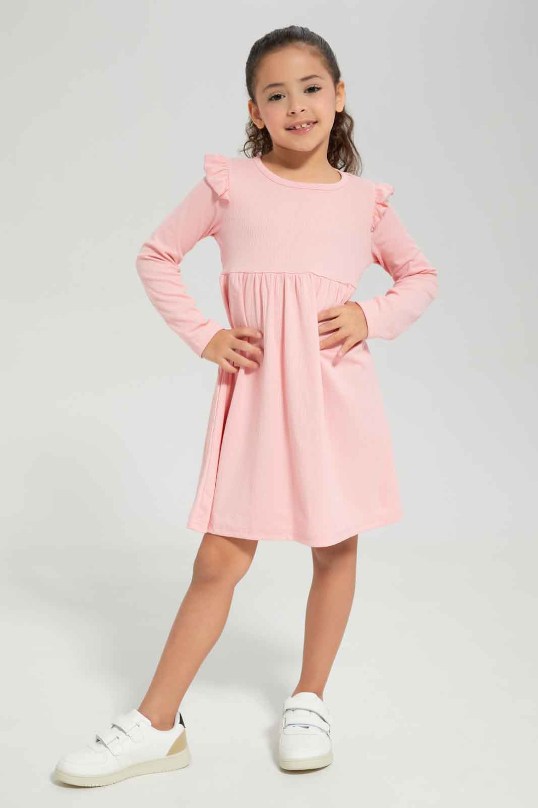 Redtag-Girls-Pink-Rib-L/S-Dress-Category:Dresses,-Colour:Apricot,-Deals:New-In,-Dept:Girls,-Filter:Girls-(2-to-8-Yrs),-GIR-Dresses,-New-In-GIR-APL,-Non-Sale,-Section:Girls-(0-to-14Yrs),-W22B-Girls-2 to 8 Years