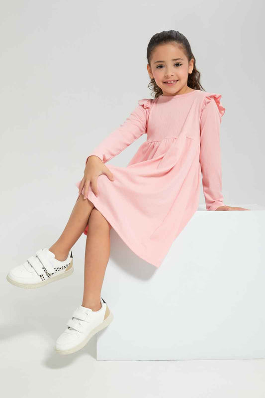 Redtag-Girls-Pink-Rib-L/S-Dress-Category:Dresses,-Colour:Apricot,-Deals:New-In,-Dept:Girls,-Filter:Girls-(2-to-8-Yrs),-GIR-Dresses,-New-In-GIR-APL,-Non-Sale,-Section:Girls-(0-to-14Yrs),-W22B-Girls-2 to 8 Years