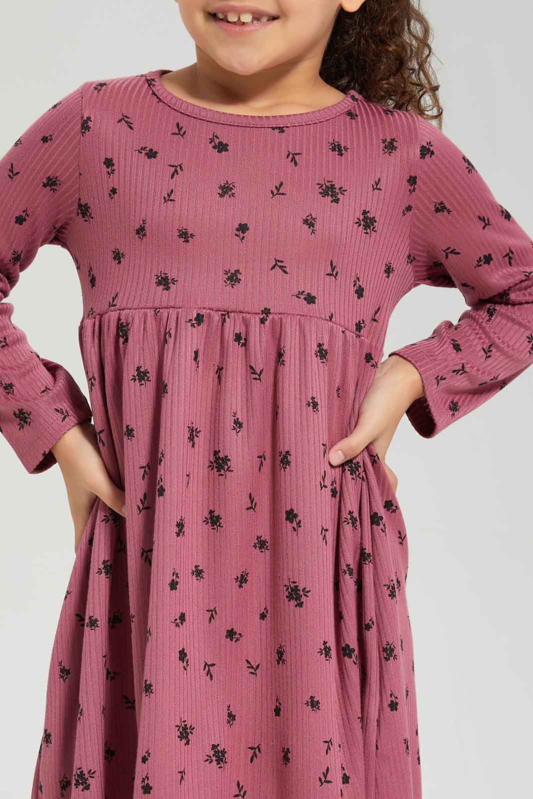 Redtag-Girls-Pale-Pink-Rib-L/S-Aop-Dress-Category:Dresses,-Colour:Apricot,-Deals:New-In,-Dept:Girls,-Filter:Girls-(2-to-8-Yrs),-GIR-Dresses,-New-In-GIR-APL,-Non-Sale,-Section:Girls-(0-to-14Yrs),-W22B-Girls-2 to 8 Years