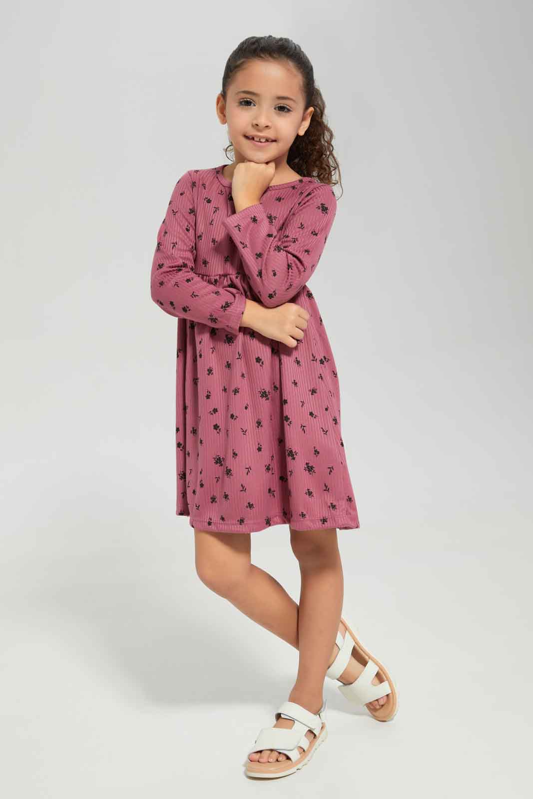 Redtag-Girls-Pale-Pink-Rib-L/S-Aop-Dress-Category:Dresses,-Colour:Apricot,-Deals:New-In,-Dept:Girls,-Filter:Girls-(2-to-8-Yrs),-GIR-Dresses,-New-In-GIR-APL,-Non-Sale,-Section:Girls-(0-to-14Yrs),-W22B-Girls-2 to 8 Years