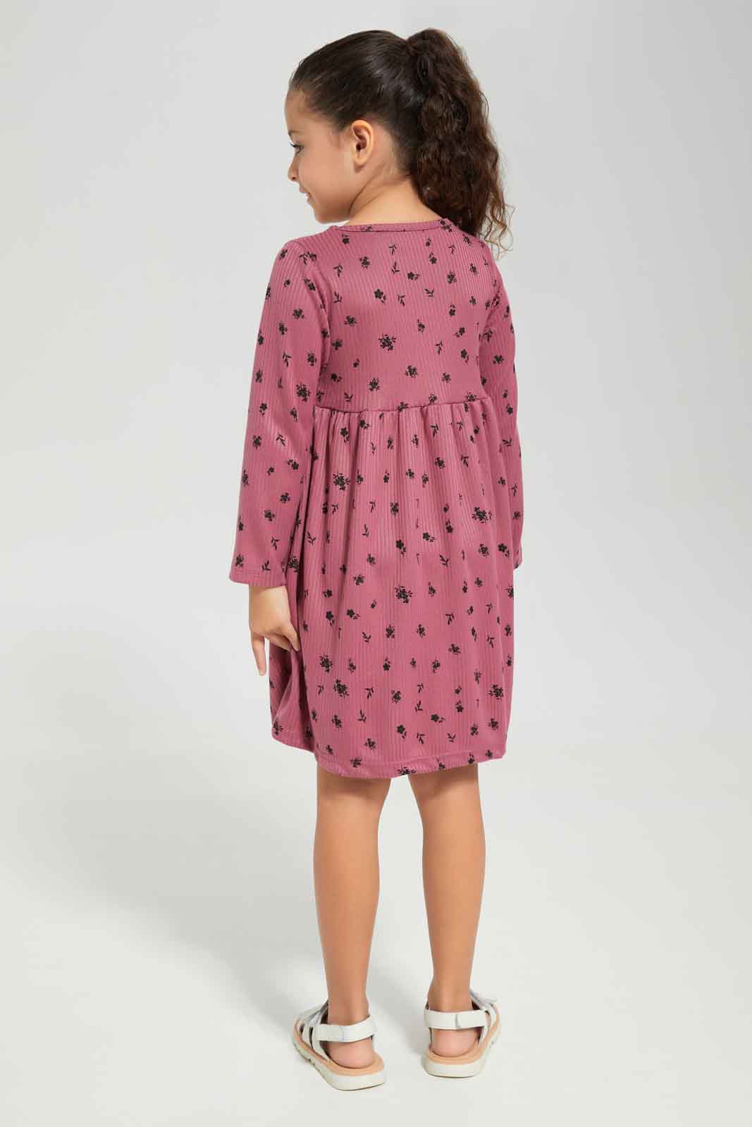 Redtag-Girls-Pale-Pink-Rib-L/S-Aop-Dress-Category:Dresses,-Colour:Apricot,-Deals:New-In,-Dept:Girls,-Filter:Girls-(2-to-8-Yrs),-GIR-Dresses,-New-In-GIR-APL,-Non-Sale,-Section:Girls-(0-to-14Yrs),-W22B-Girls-2 to 8 Years