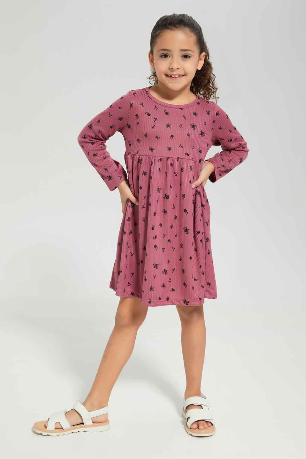 Redtag-Girls-Pale-Pink-Rib-L/S-Aop-Dress-Category:Dresses,-Colour:Apricot,-Deals:New-In,-Dept:Girls,-Filter:Girls-(2-to-8-Yrs),-GIR-Dresses,-New-In-GIR-APL,-Non-Sale,-Section:Girls-(0-to-14Yrs),-W22B-Girls-2 to 8 Years