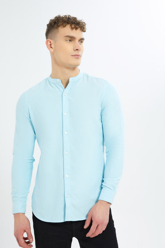 Redtag-Men-Sky-Blue-Mandrain-Collar-Oxford-Shirt-Category:Shirts,-Colour:Sky-Blue,-Deals:New-In,-Dept:Menswear,-Filter:Men's-Clothing,-Men-Shirts,-New-In-Men-APL,-Non-Sale,-S23B,-Section:Men,-TBL-Men's-