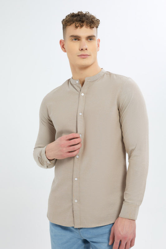 Redtag-Men-Beige-Mandrain-Collar-Oxford-Shirt-Category:Shirts,-Colour:Beige,-Deals:New-In,-Dept:Menswear,-Filter:Men's-Clothing,-Men-Shirts,-New-In-Men-APL,-Non-Sale,-S23B,-Section:Men,-TBL-Men's-