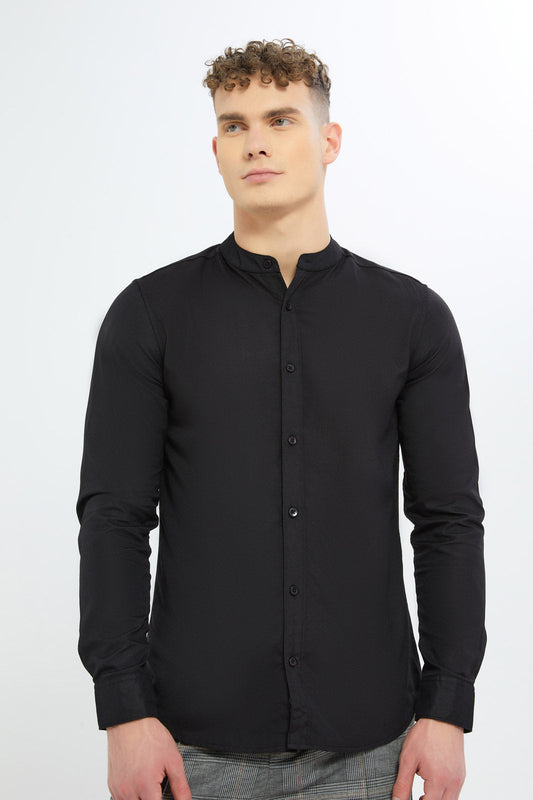Redtag-Men-Black-Mandrain-Collar-Oxford-Shirt-Category:Shirts,-Colour:Black,-Deals:New-In,-Dept:Menswear,-Filter:Men's-Clothing,-Men-Shirts,-New-In-Men-APL,-Non-Sale,-S23B,-Section:Men,-TBL-Men's-