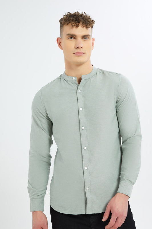 Redtag-Men-Sage-Green-Mandrain-Collar-Oxford-Shirt-Category:Shirts,-Colour:Green,-Deals:New-In,-Dept:Menswear,-Filter:Men's-Clothing,-Men-Shirts,-New-In-Men-APL,-Non-Sale,-S23B,-Section:Men,-TBL-Men's-