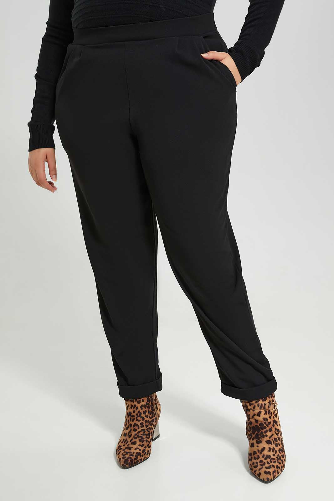 Redtag-Women-Black-Pleated-Waist-Slim-Fit-Trousers-Category:Trousers,-Colour:Black,-Deals:New-In,-Dept:Ladieswear,-Filter:Plus-Size,-LDP-Trousers,-New-In-LDP-APL,-Non-Sale,-Section:Women,-W22B-Women's-