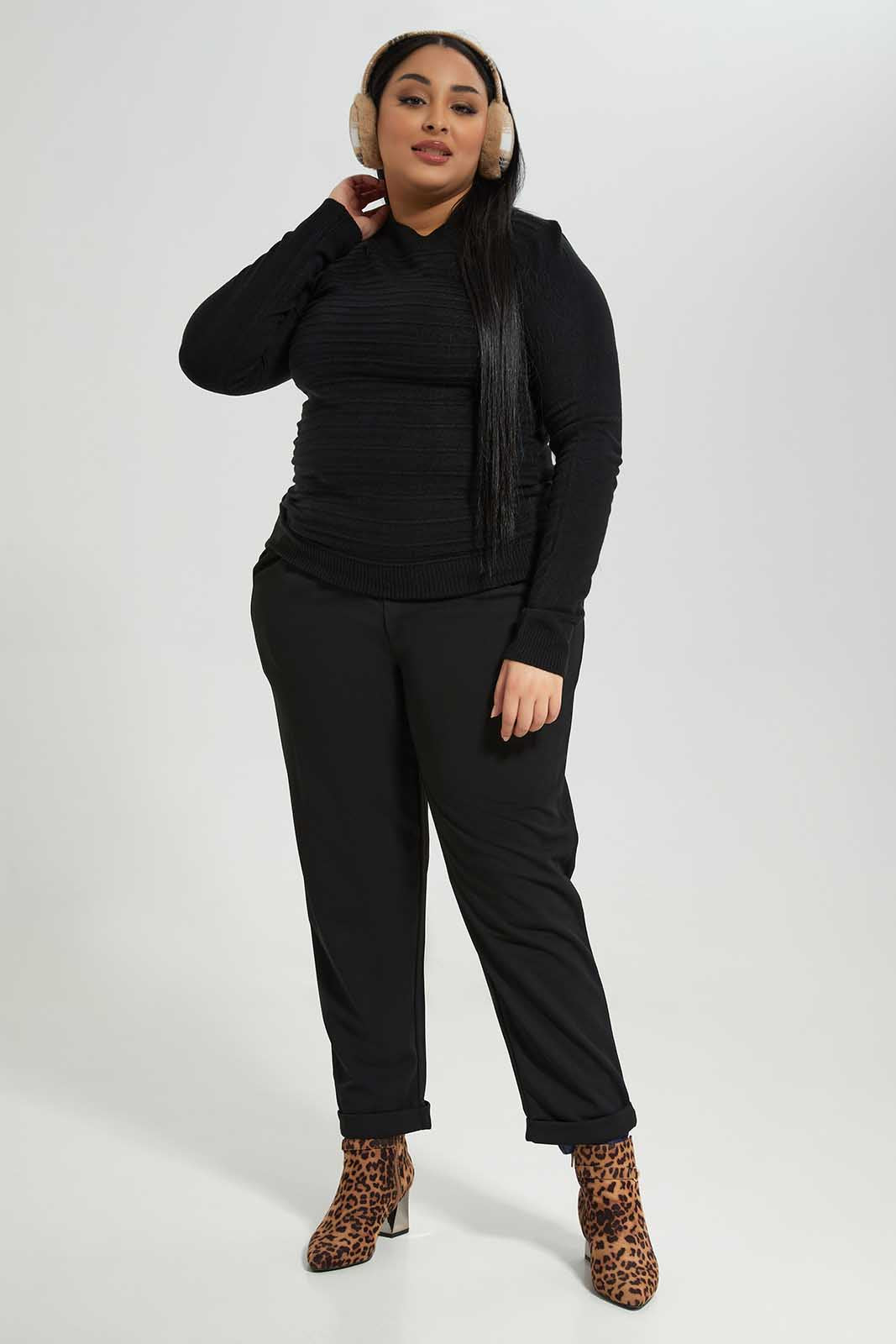 Redtag-Women-Black-Pleated-Waist-Slim-Fit-Trousers-Category:Trousers,-Colour:Black,-Deals:New-In,-Dept:Ladieswear,-Filter:Plus-Size,-LDP-Trousers,-New-In-LDP-APL,-Non-Sale,-Section:Women,-W22B-Women's-