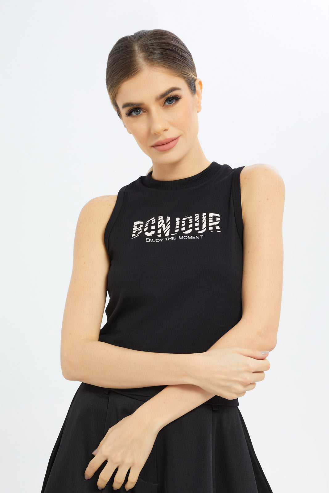 Redtag-Women-Black-Top-With-Print-Category:T-Shirts,-Colour:Black,-Deals:New-In,-Dept:Ladieswear,-Filter:Women's-Clothing,-LDC,-LDC-T-Shirts,-New-In-LDC-APL,-Non-Sale,-S23C,-Section:Women-Women's-
