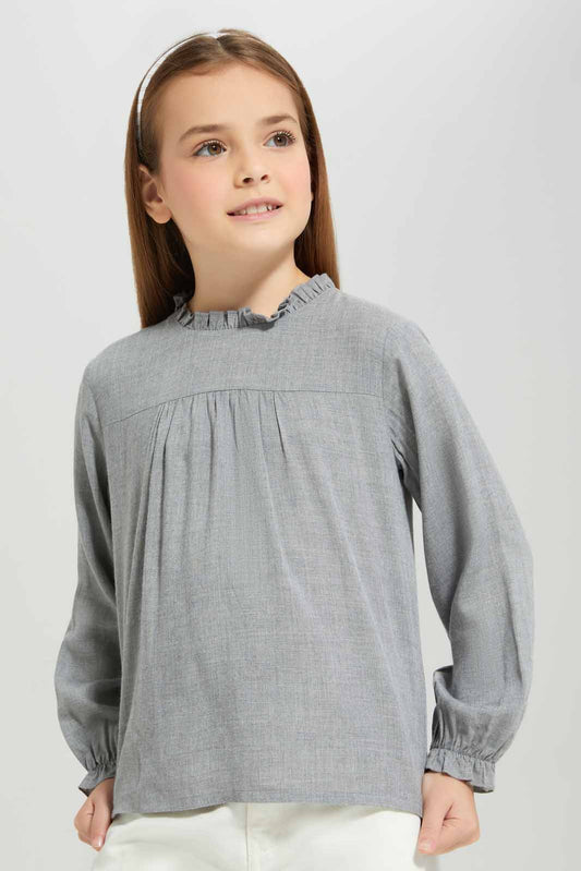 Redtag-Girls-Grey-Melange-L/S-Blouse-Category:Blouses,-Colour:Grey,-Deals:New-In,-Filter:Girls-(2-to-8-Yrs),-GIR-Blouses,-New-In-GIR-APL,-Non-Sale,-Section:Girls-(0-to-14Yrs),-W22B-Girls-2 to 8 Years