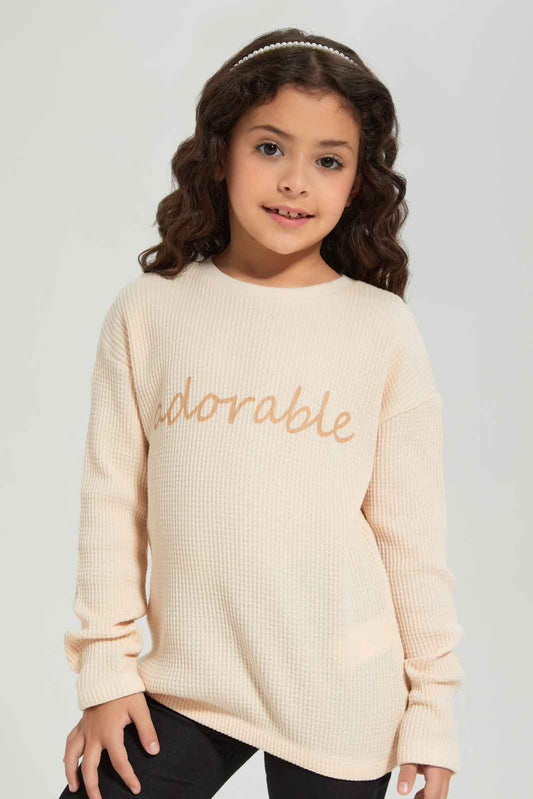 Redtag-Girls-Beige-Waffle-T-Shirt-With-Placment-Print-Category:T-Shirts,-Colour:Beige,-Deals:New-In,-Dept:Girls,-Filter:Girls-(2-to-8-Yrs),-GIR-T-Shirts,-New-In-GIR-APL,-Non-Sale,-Section:Girls-(0-to-14Yrs),-W22B-Girls-2 to 8 Years