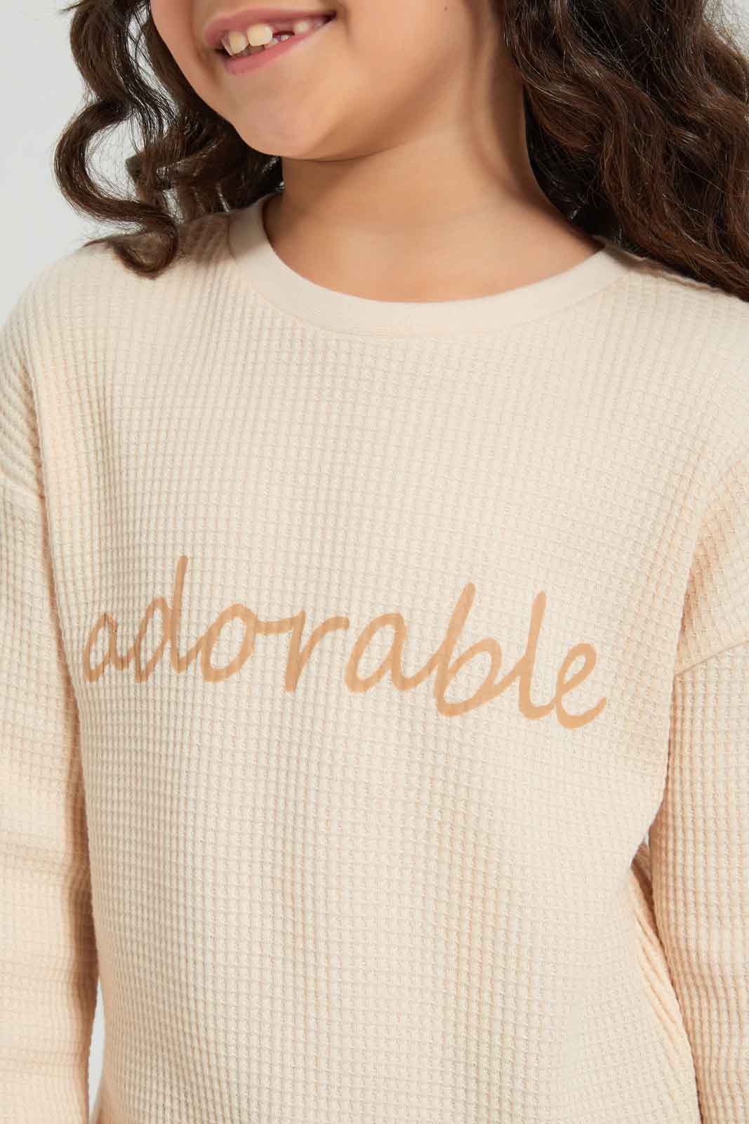 Redtag-Girls-Beige-Waffle-T-Shirt-With-Placment-Print-Category:T-Shirts,-Colour:Beige,-Deals:New-In,-Dept:Girls,-Filter:Girls-(2-to-8-Yrs),-GIR-T-Shirts,-New-In-GIR-APL,-Non-Sale,-Section:Girls-(0-to-14Yrs),-W22B-Girls-2 to 8 Years