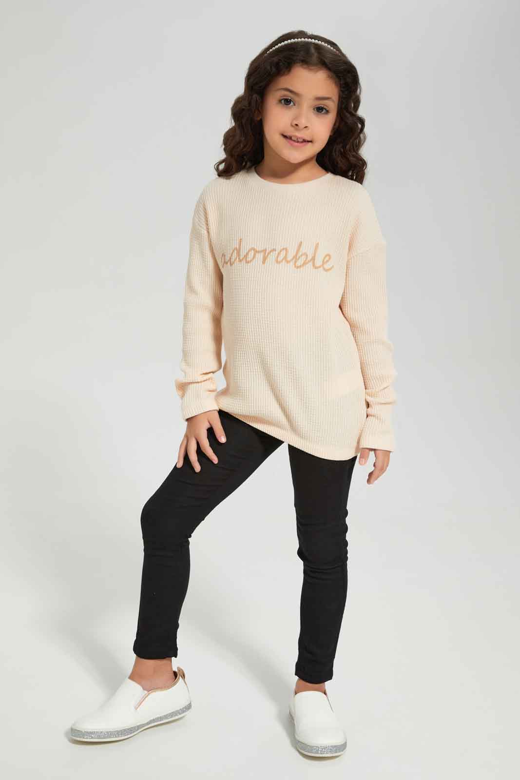 Redtag-Girls-Beige-Waffle-T-Shirt-With-Placment-Print-Category:T-Shirts,-Colour:Beige,-Deals:New-In,-Dept:Girls,-Filter:Girls-(2-to-8-Yrs),-GIR-T-Shirts,-New-In-GIR-APL,-Non-Sale,-Section:Girls-(0-to-14Yrs),-W22B-Girls-2 to 8 Years