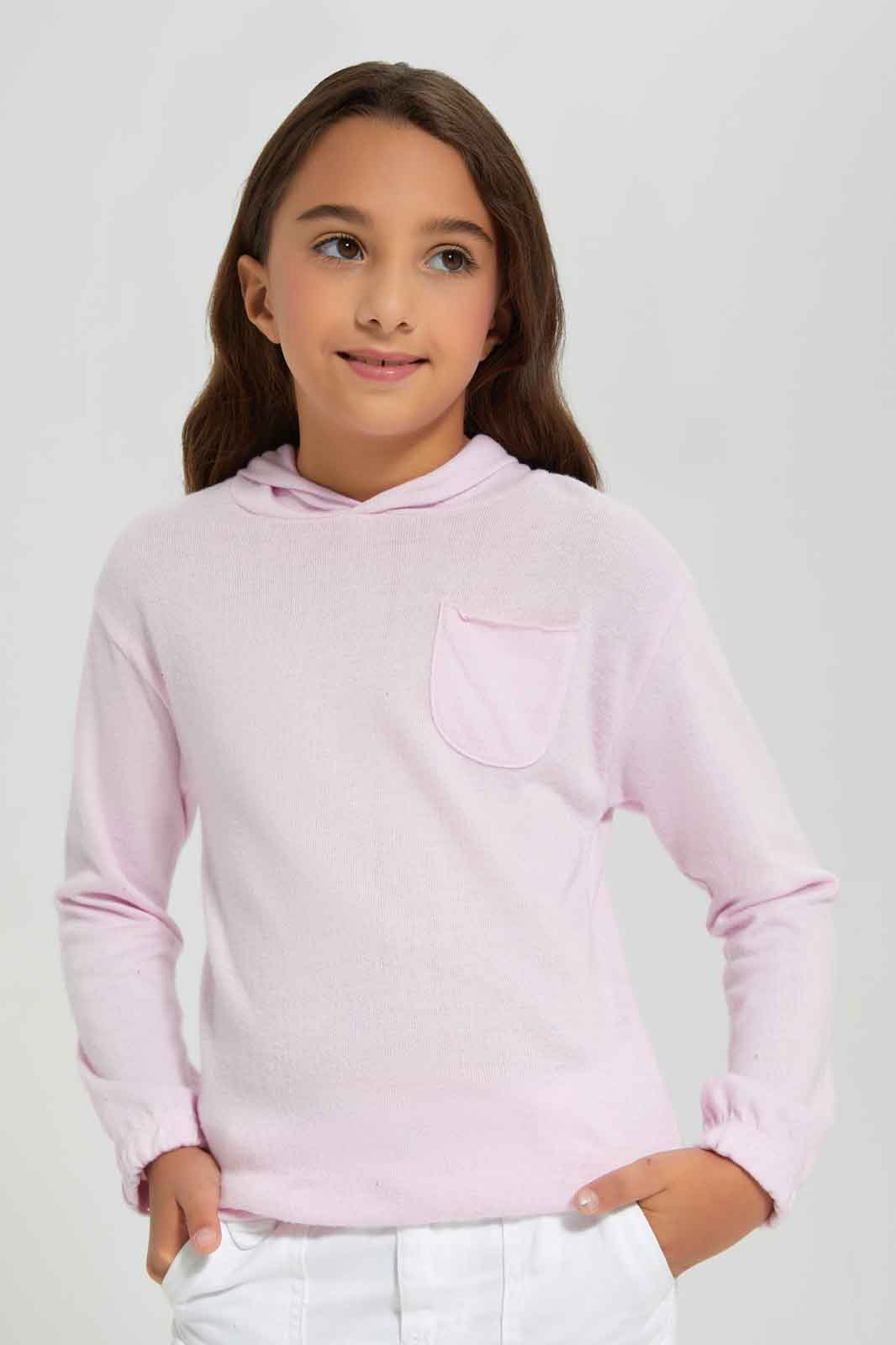 Redtag-Girls-Pink-Melange-T-Shirt-With-Hood-Category:T-Shirts,-Colour:Apricot,-Deals:New-In,-Filter:Girls-(2-to-8-Yrs),-GIR-T-Shirts,-New-In-GIR-APL,-Non-Sale,-Section:Girls-(0-to-14Yrs),-W22B-Girls-2 to 8 Years