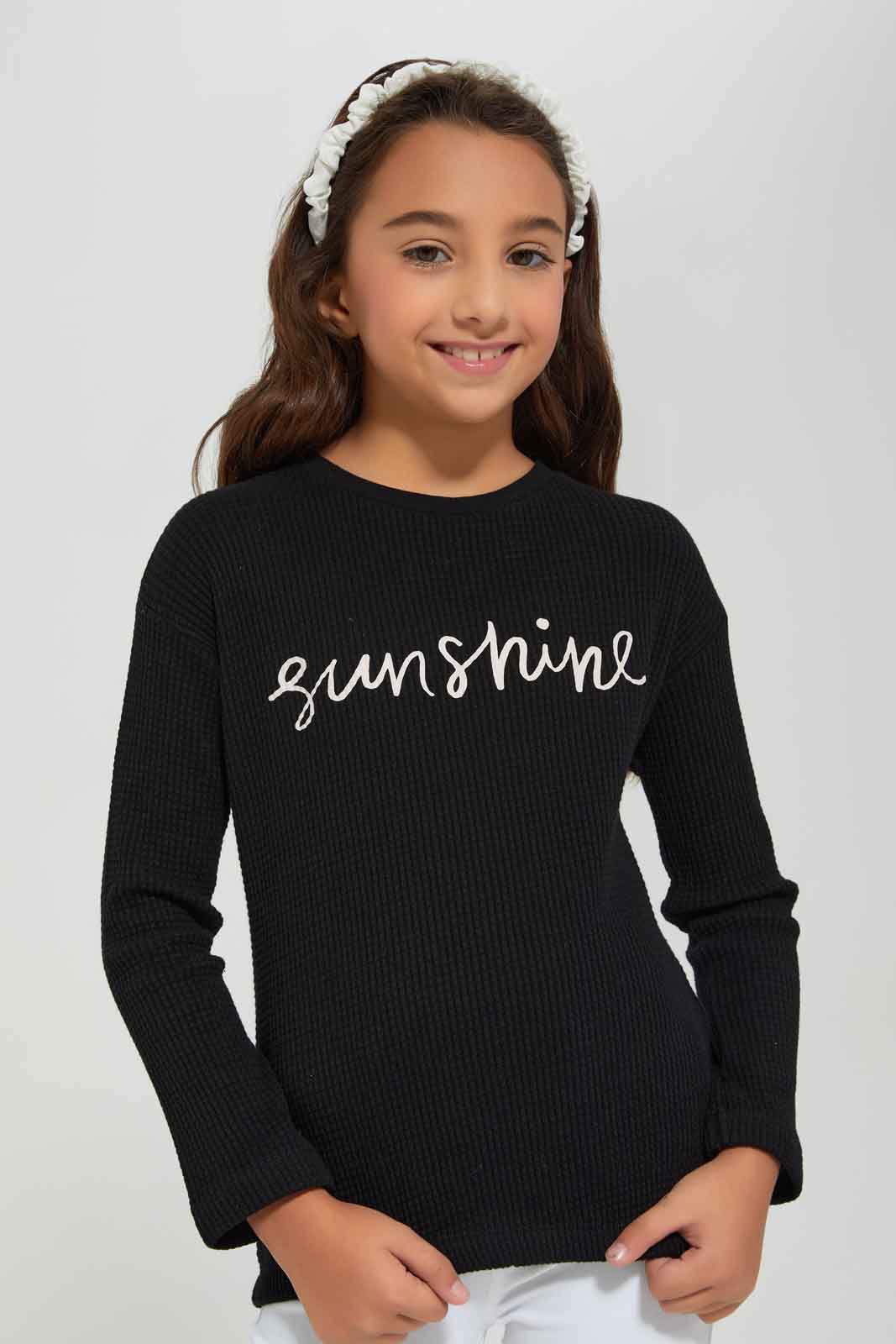 Redtag-Girls-Black-Waffle-T-Shirt-With-Placment-Print-Category:T-Shirts,-Colour:Black,-Deals:New-In,-Filter:Girls-(2-to-8-Yrs),-GIR-T-Shirts,-New-In-GIR-APL,-Non-Sale,-Section:Girls-(0-to-14Yrs),-W22B-Girls-2 to 8 Years