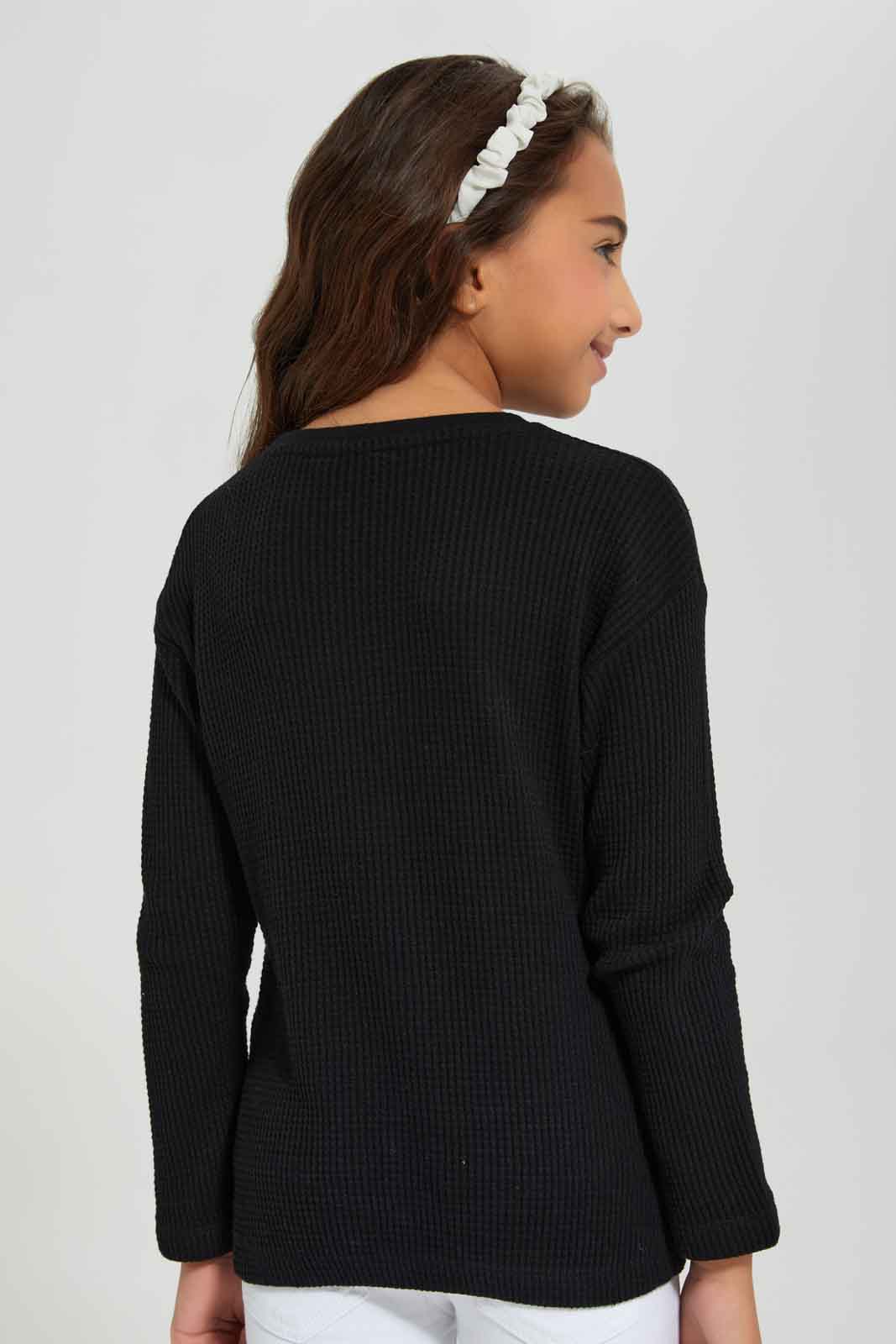 Redtag-Girls-Black-Waffle-T-Shirt-With-Placment-Print-Category:T-Shirts,-Colour:Black,-Deals:New-In,-Filter:Girls-(2-to-8-Yrs),-GIR-T-Shirts,-New-In-GIR-APL,-Non-Sale,-Section:Girls-(0-to-14Yrs),-W22B-Girls-2 to 8 Years