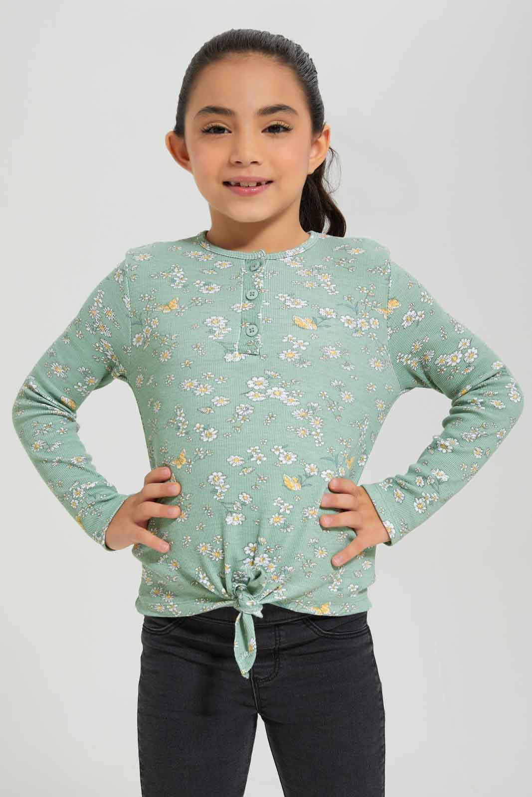 Redtag-Girls-Green-Rib-T-Shirt-With-Aop-Category:T-Shirts,-Colour:Green,-Deals:New-In,-Dept:Girls,-Filter:Girls-(2-to-8-Yrs),-GIR-T-Shirts,-New-In-GIR-APL,-Non-Sale,-Section:Girls-(0-to-14Yrs),-W22B-Girls-2 to 8 Years
