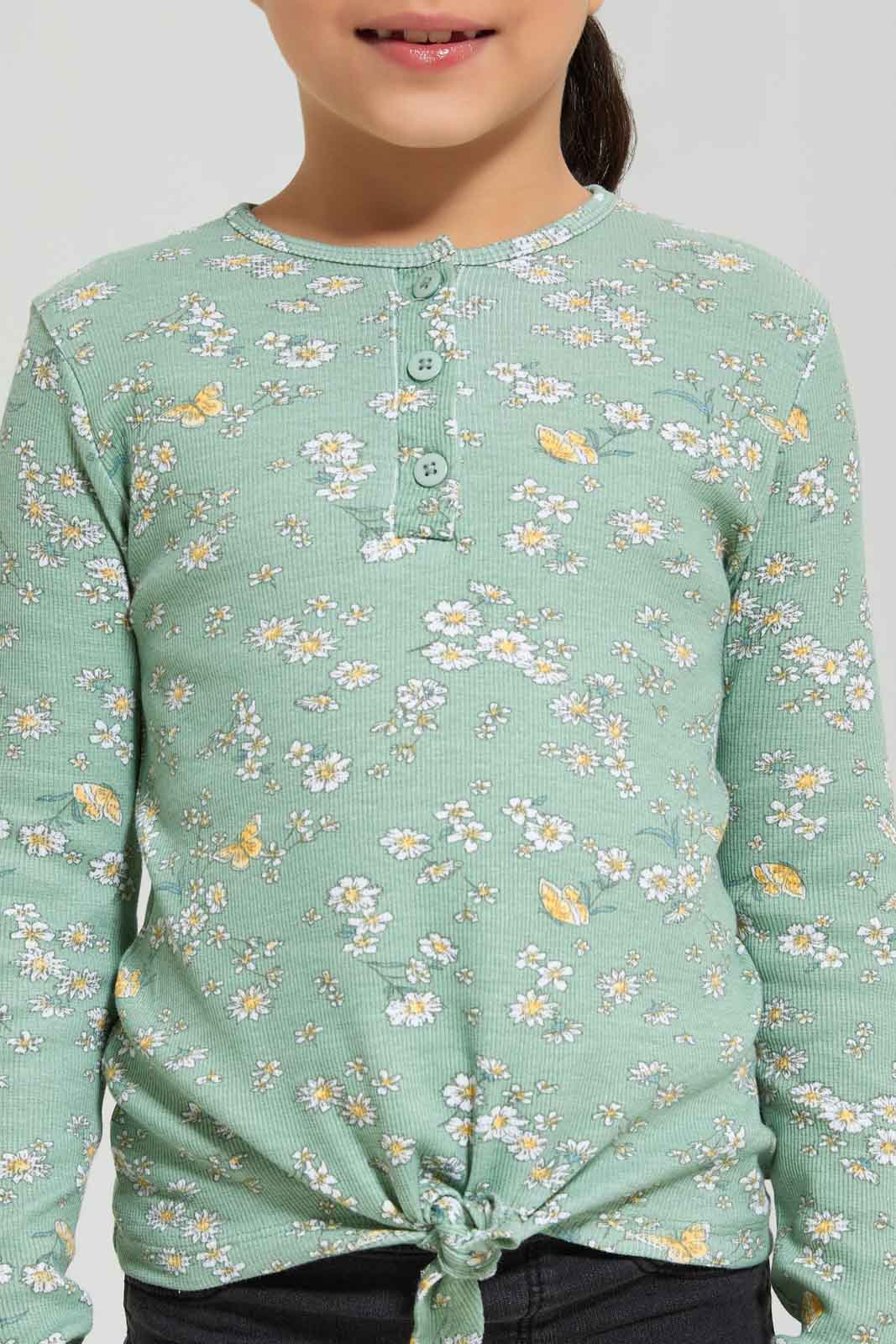 Redtag-Girls-Green-Rib-T-Shirt-With-Aop-Category:T-Shirts,-Colour:Green,-Deals:New-In,-Dept:Girls,-Filter:Girls-(2-to-8-Yrs),-GIR-T-Shirts,-New-In-GIR-APL,-Non-Sale,-Section:Girls-(0-to-14Yrs),-W22B-Girls-2 to 8 Years