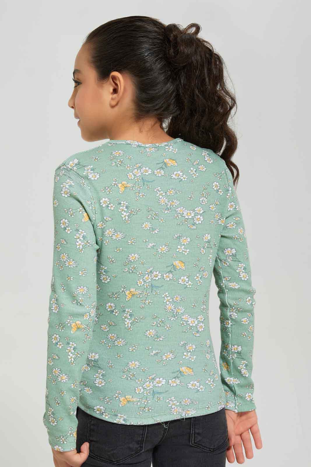 Redtag-Girls-Green-Rib-T-Shirt-With-Aop-Category:T-Shirts,-Colour:Green,-Deals:New-In,-Dept:Girls,-Filter:Girls-(2-to-8-Yrs),-GIR-T-Shirts,-New-In-GIR-APL,-Non-Sale,-Section:Girls-(0-to-14Yrs),-W22B-Girls-2 to 8 Years