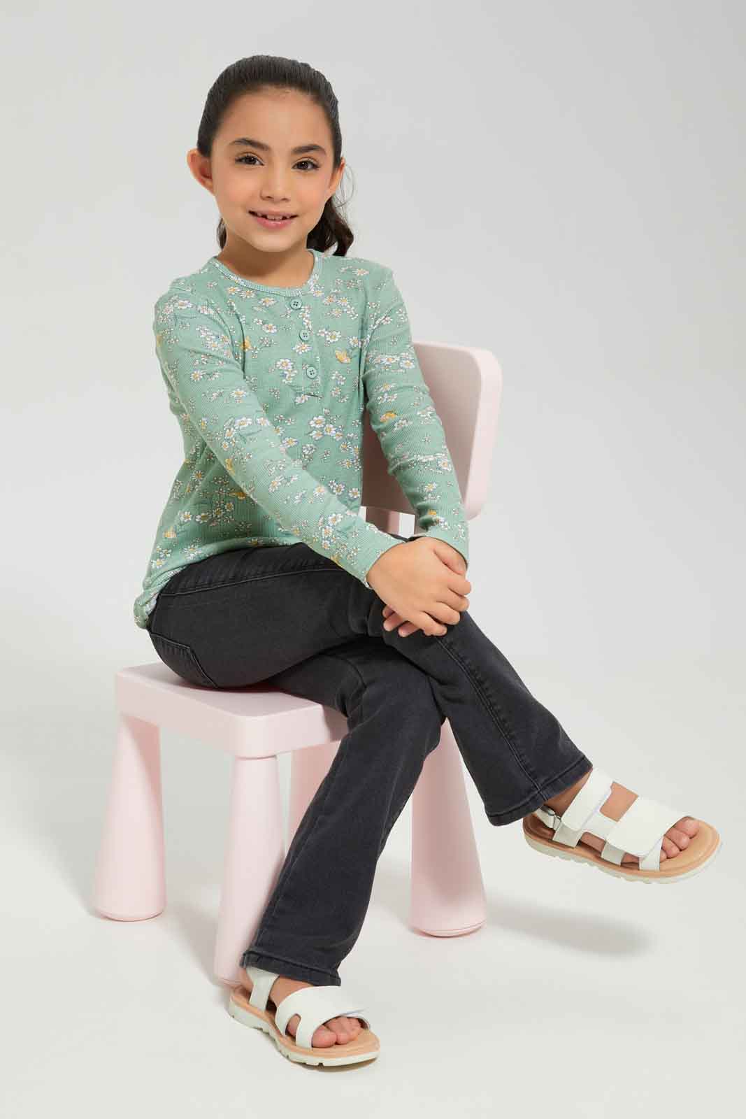 Redtag-Girls-Green-Rib-T-Shirt-With-Aop-Category:T-Shirts,-Colour:Green,-Deals:New-In,-Dept:Girls,-Filter:Girls-(2-to-8-Yrs),-GIR-T-Shirts,-New-In-GIR-APL,-Non-Sale,-Section:Girls-(0-to-14Yrs),-W22B-Girls-2 to 8 Years