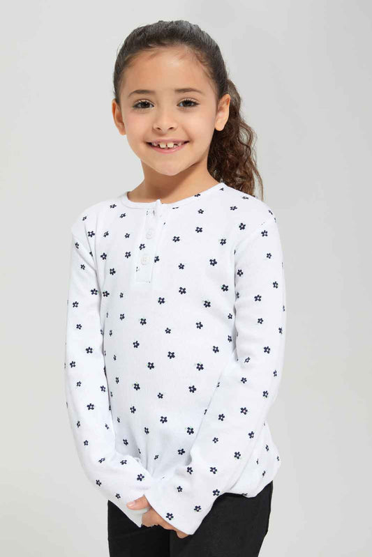 Redtag-Girls-White-Rib-T-Shirt-With-Aop-BTS,-Category:T-Shirts,-Colour:White,-Deals:New-In,-Dept:Girls,-Filter:Girls-(2-to-8-Yrs),-GIR-T-Shirts,-New-In-GIR-APL,-Non-Sale,-Section:Girls-(0-to-14Yrs),-W22B-Girls-2 to 8 Years