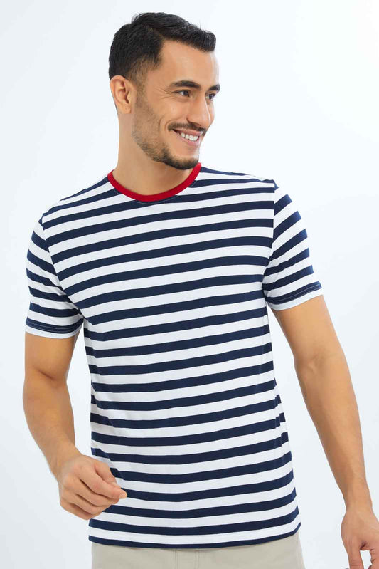Redtag-Men-White/Navy-Striper-With-Red-Neck-Rib-T-Shirt-Category:T-Shirts,-Colour:White,-Deals:New-In,-Dept:Menswear,-Filter:Men's-Clothing,-Men-T-Shirts,-New-In-Men-APL,-Non-Sale,-S23B,-Section:Men,-TBL-Men's-