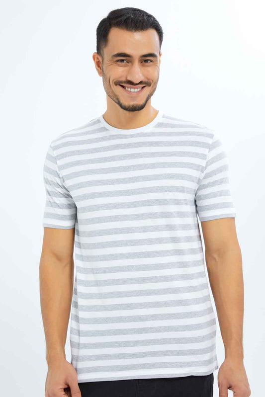 Redtag-Men-White/Grey-Striper-With-White-Neck-T-Shirt-Category:T-Shirts,-Colour:White,-Deals:New-In,-Dept:Menswear,-Filter:Men's-Clothing,-Men-T-Shirts,-New-In-Men-APL,-Non-Sale,-S23B,-Section:Men,-TBL-Men's-