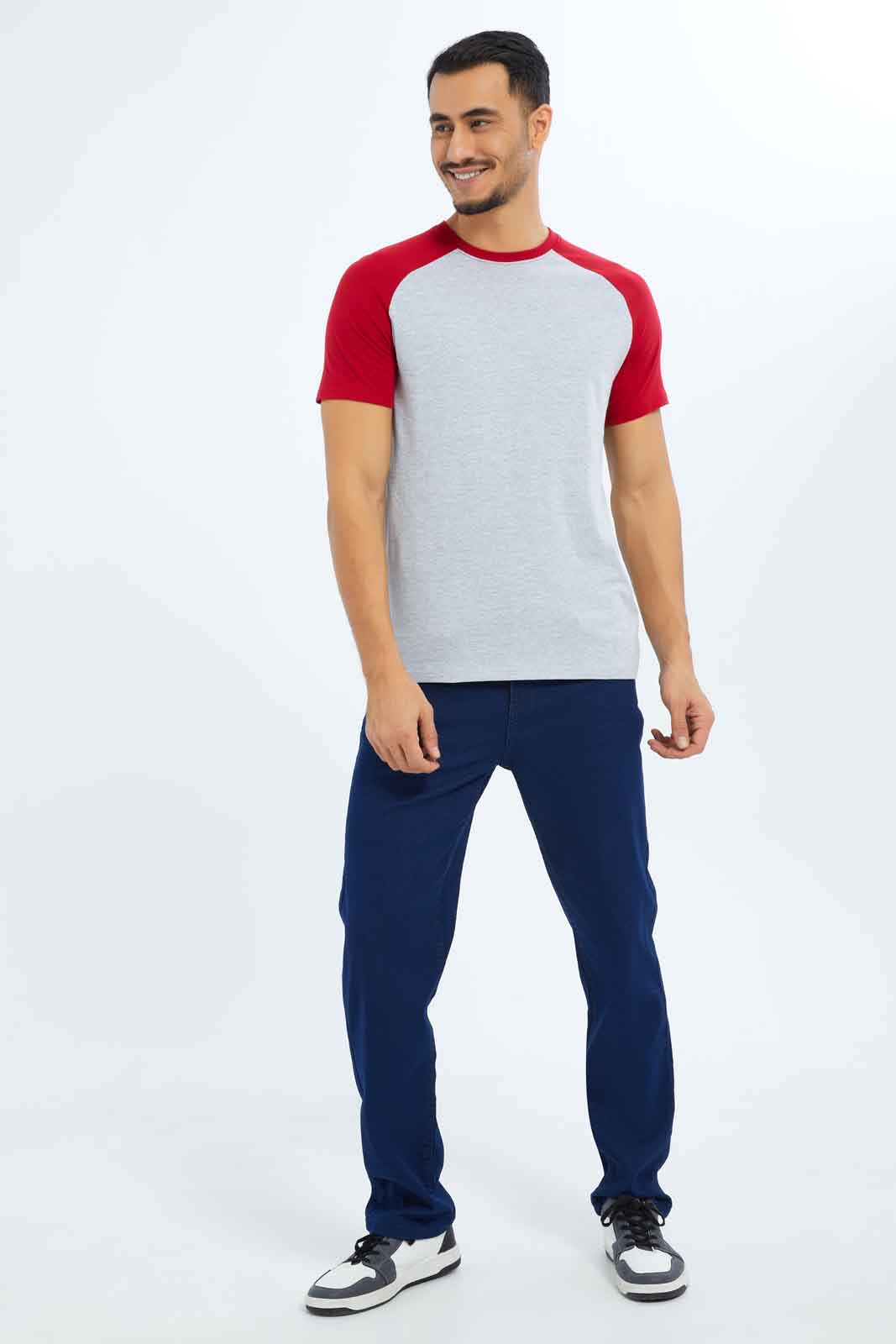 Redtag-Men-Gret/Red-Reglan-T-Shirt-Category:T-Shirts,-Colour:Grey,-Deals:New-In,-Dept:Menswear,-Filter:Men's-Clothing,-Men-T-Shirts,-New-In-Men-APL,-Non-Sale,-S23B,-Section:Men,-TBL-Men's-