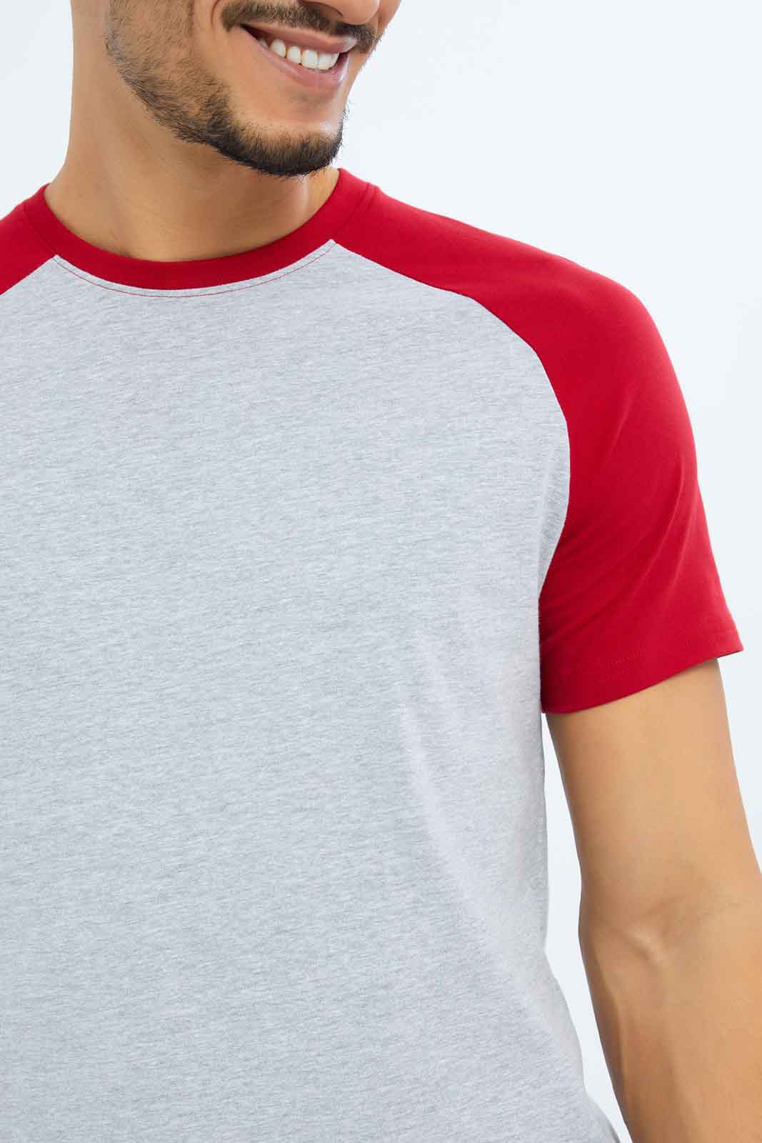 Redtag-Men-Gret/Red-Reglan-T-Shirt-Category:T-Shirts,-Colour:Grey,-Deals:New-In,-Dept:Menswear,-Filter:Men's-Clothing,-Men-T-Shirts,-New-In-Men-APL,-Non-Sale,-S23B,-Section:Men,-TBL-Men's-