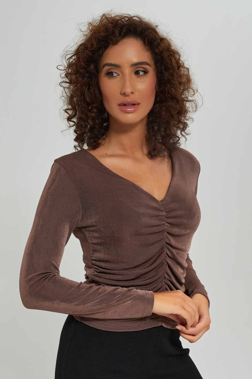 Redtag-Women-Ruch-Detail-Slinky-Top-Category:Tops,-Colour:Brown,-Deals:New-In,-Dept:Ladieswear,-Filter:Women's-Clothing,-New-In-Women-APL,-Non-Sale,-S23A,-Section:Women,-Women-Tops-Women's-