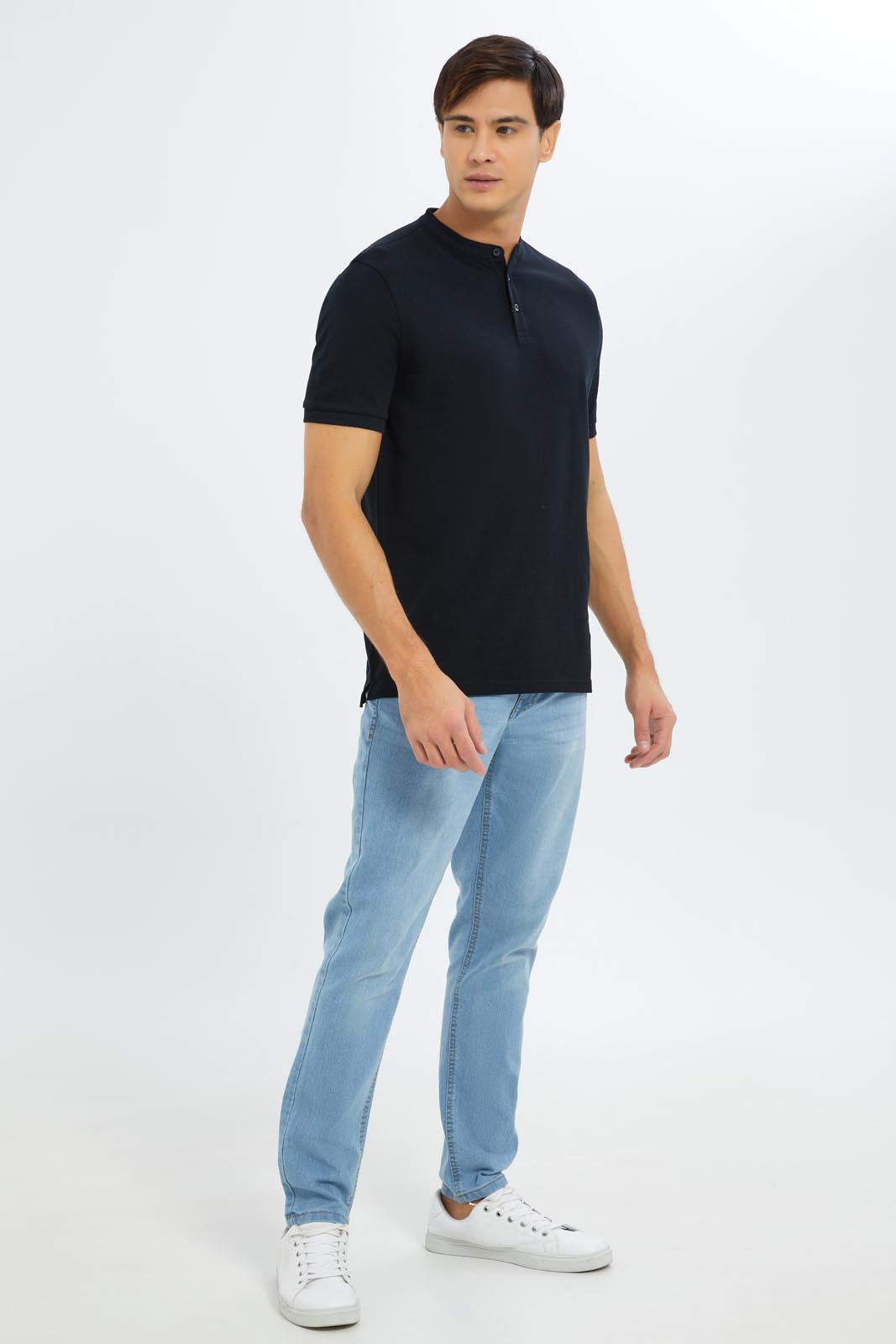 Redtag-Men-Black-Mao-Collar-Polo-Shirt-Category:Polo-T-Shirts,-Colour:Black,-Deals:New-In,-Dept:Menswear,-Filter:Men's-Clothing,-Men-Polo-T-Shirts,-New-In-Men-APL,-Non-Sale,-S23C,-Section:Men,-TBL-Men's-