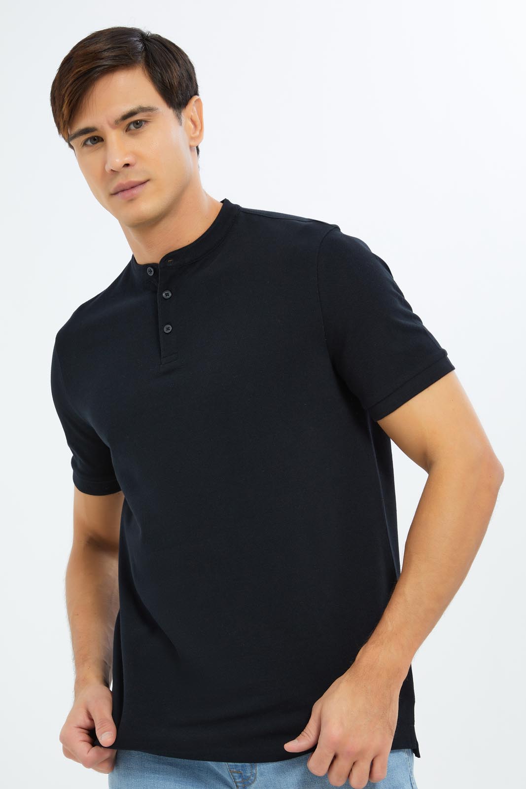 Redtag-Men-Black-Mao-Collar-Polo-Shirt-Category:Polo-T-Shirts,-Colour:Black,-Deals:New-In,-Dept:Menswear,-Filter:Men's-Clothing,-Men-Polo-T-Shirts,-New-In-Men-APL,-Non-Sale,-S23C,-Section:Men,-TBL-Men's-