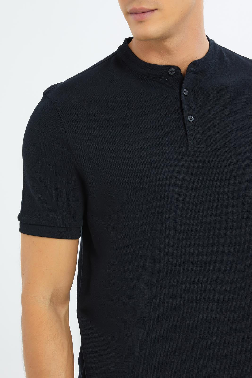 Redtag-Men-Black-Mao-Collar-Polo-Shirt-Category:Polo-T-Shirts,-Colour:Black,-Deals:New-In,-Dept:Menswear,-Filter:Men's-Clothing,-Men-Polo-T-Shirts,-New-In-Men-APL,-Non-Sale,-S23C,-Section:Men,-TBL-Men's-