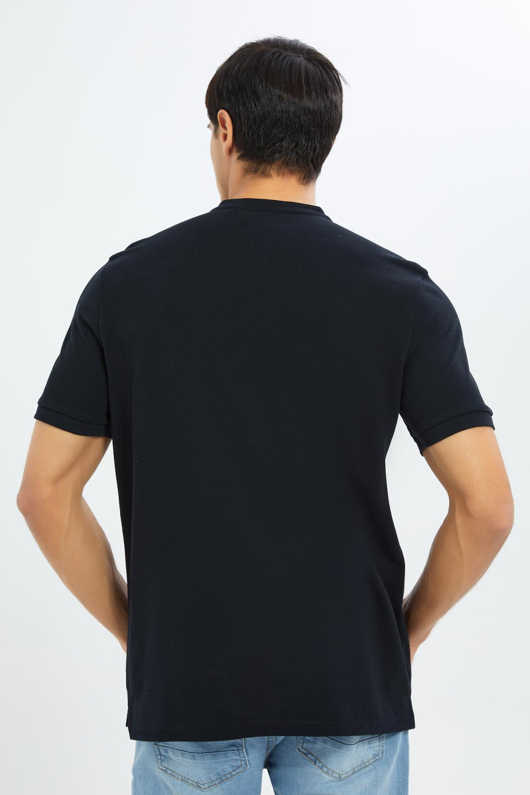Redtag-Men-Black-Mao-Collar-Polo-Shirt-Category:Polo-T-Shirts,-Colour:Black,-Deals:New-In,-Dept:Menswear,-Filter:Men's-Clothing,-Men-Polo-T-Shirts,-New-In-Men-APL,-Non-Sale,-S23C,-Section:Men,-TBL-Men's-