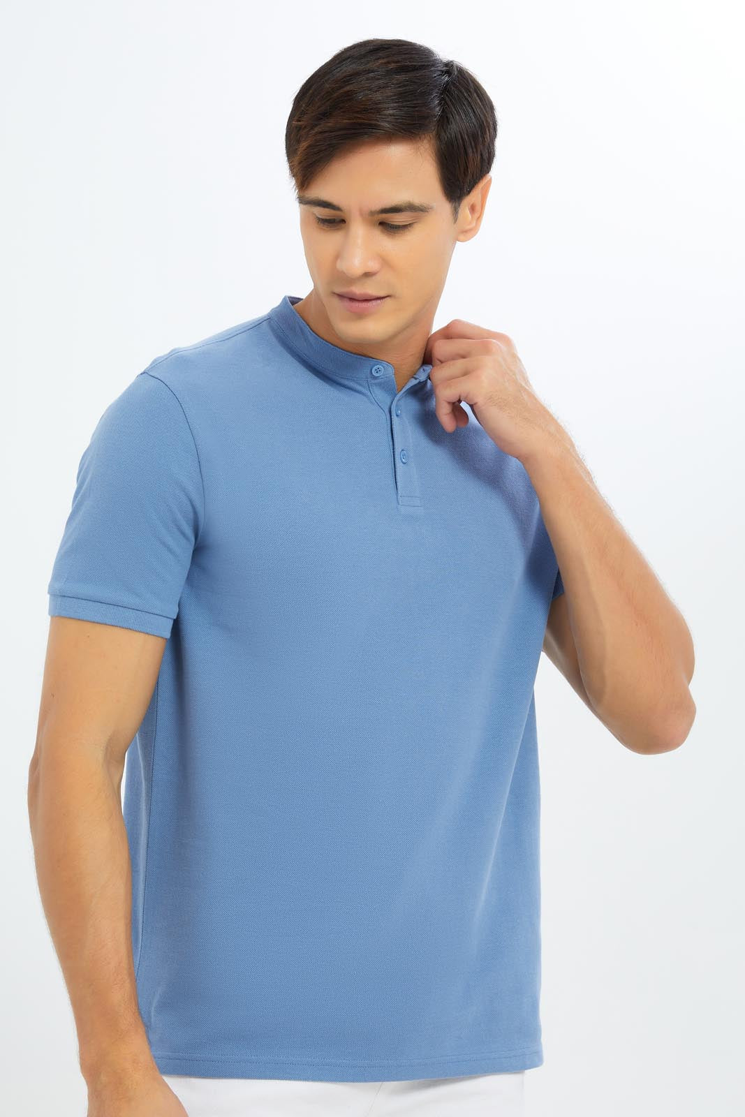Redtag-Men-Blue-Mao-Collar-Polo-Shirt-Category:Polo-T-Shirts,-Colour:Blue,-Deals:New-In,-Dept:Menswear,-Filter:Men's-Clothing,-Men-Polo-T-Shirts,-New-In-Men-APL,-Non-Sale,-S23C,-Section:Men,-TBL-Men's-