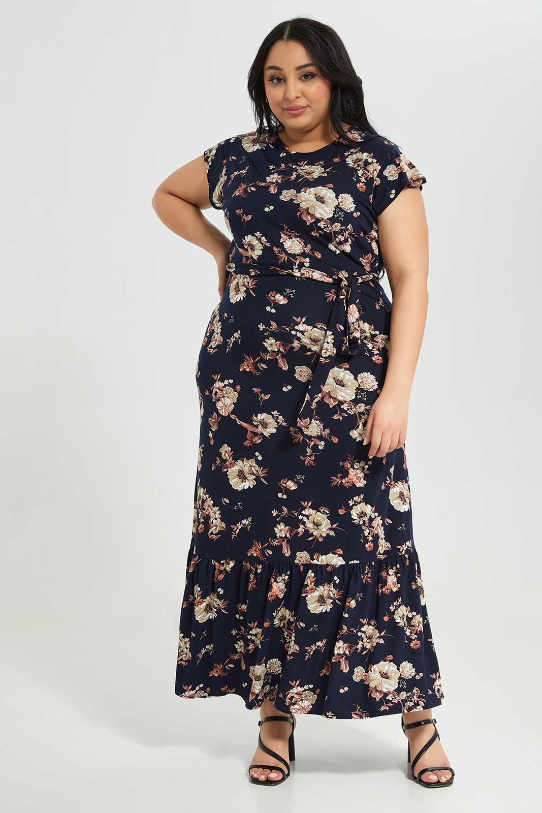 Redtag-Women-Black-Floral-Printed-Maxi-Dress-With-Belt-Category:Dresses,-Colour:Assorted,-Deals:New-In,-Filter:Plus-Size,-LDP-Dresses,-New-In-LDP-APL,-Non-Sale,-Section:Women,-W22B-Women's-