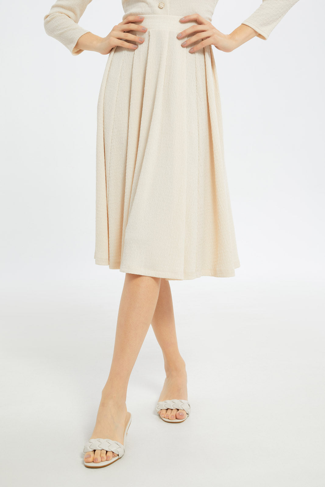 Redtag-Women-Beige-Textured-Pleated-Skirt-Category:Skirts,-Colour:Beige,-Deals:New-In,-Dept:Ladieswear,-Filter:Women's-Clothing,-LDC,-LDC-Skirts,-New-In-LDC-APL,-Non-Sale,-S23C,-Section:Women-Women's-