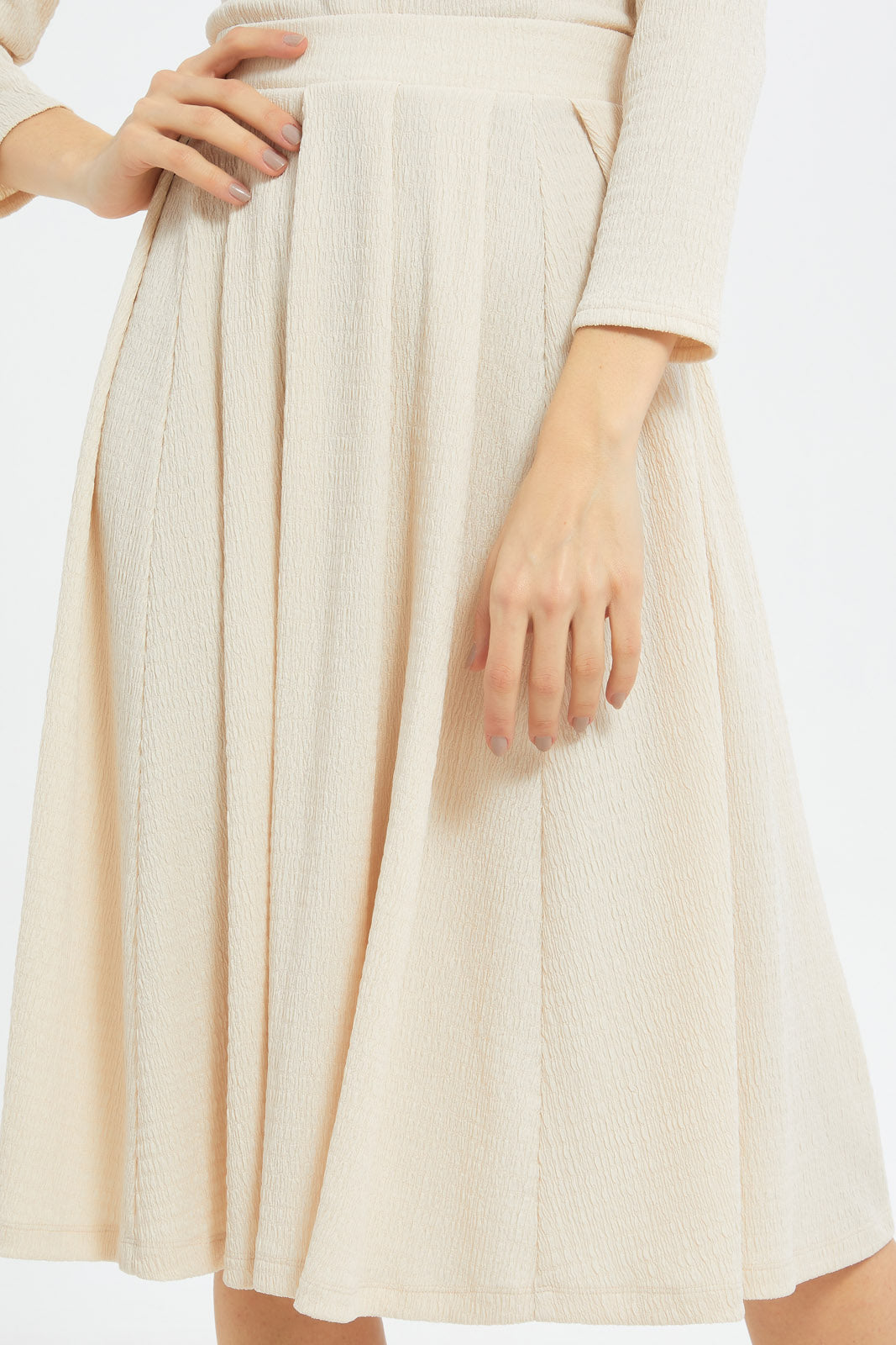 Redtag-Women-Beige-Textured-Pleated-Skirt-Category:Skirts,-Colour:Beige,-Deals:New-In,-Dept:Ladieswear,-Filter:Women's-Clothing,-LDC,-LDC-Skirts,-New-In-LDC-APL,-Non-Sale,-S23C,-Section:Women-Women's-
