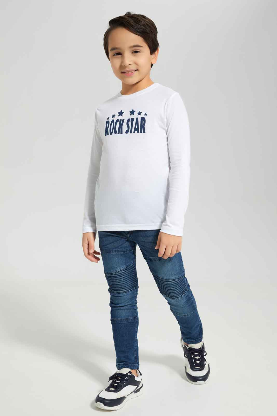 Redtag-Boys-2-Pack-Long-Sleeve-Print-T-Shirt-White-And-Navy-BOY-T-Shirts,-Category:T-Shirts,-Colour:White,-Deals:New-In,-Dept:Boys,-Filter:Boys-(2-to-8-Yrs),-New-In-BOY-APL,-Non-Sale,-Section:Boys-(0-to-14Yrs),-VLM,-W22B-Boys-2 to 8 Years