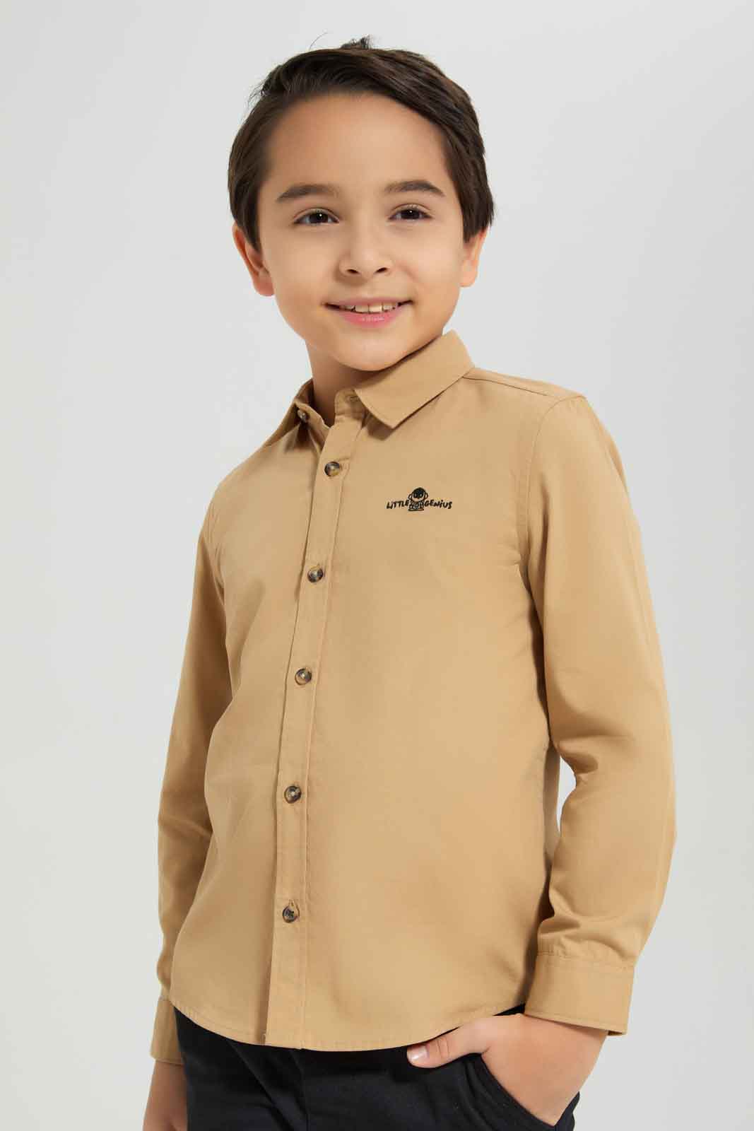Redtag-Boys-Beige-Long-Sleeve-Poplin-Shirt-BOY-Shirts,-Category:Shirts,-Colour:Beige,-Deals:New-In,-Dept:Boys,-Filter:Boys-(2-to-8-Yrs),-New-In-BOY-APL,-Non-Sale,-Section:Boys-(0-to-14Yrs),-VLM,-W22B-Boys-2 to 8 Years