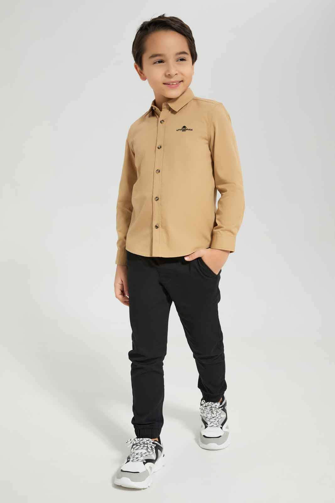 Redtag-Boys-Beige-Long-Sleeve-Poplin-Shirt-BOY-Shirts,-Category:Shirts,-Colour:Beige,-Deals:New-In,-Dept:Boys,-Filter:Boys-(2-to-8-Yrs),-New-In-BOY-APL,-Non-Sale,-Section:Boys-(0-to-14Yrs),-VLM,-W22B-Boys-2 to 8 Years