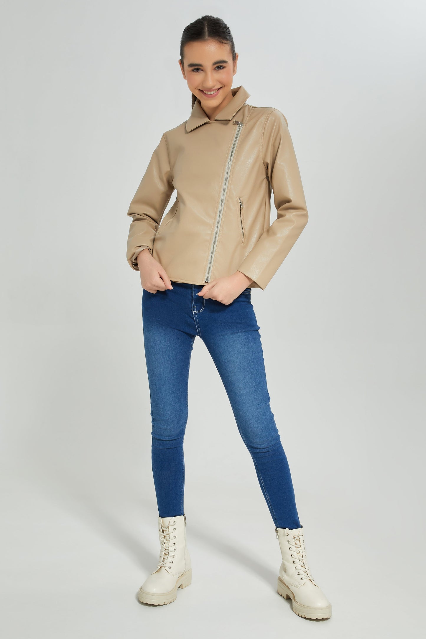 Senior Girls Beige Biker Embellished Jacket