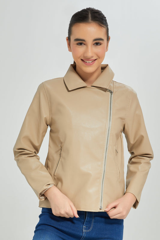 Senior Girls Beige Biker Embellished Jacket